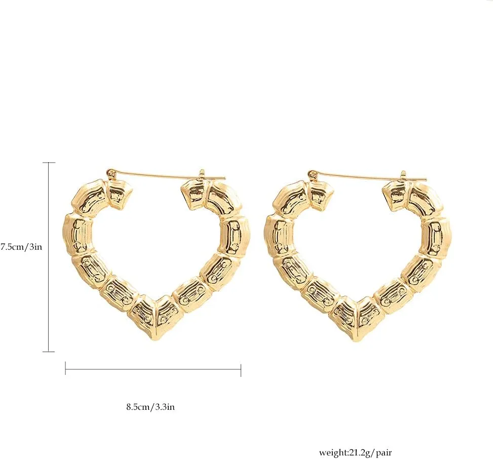Bamboo Earrings for Women 90s Gold Bamboo Hoop Earrings Large Gold Hoop Earrings Heart Bamboo Earrings Oversized Outfits for Women Hip Hop Jewelry