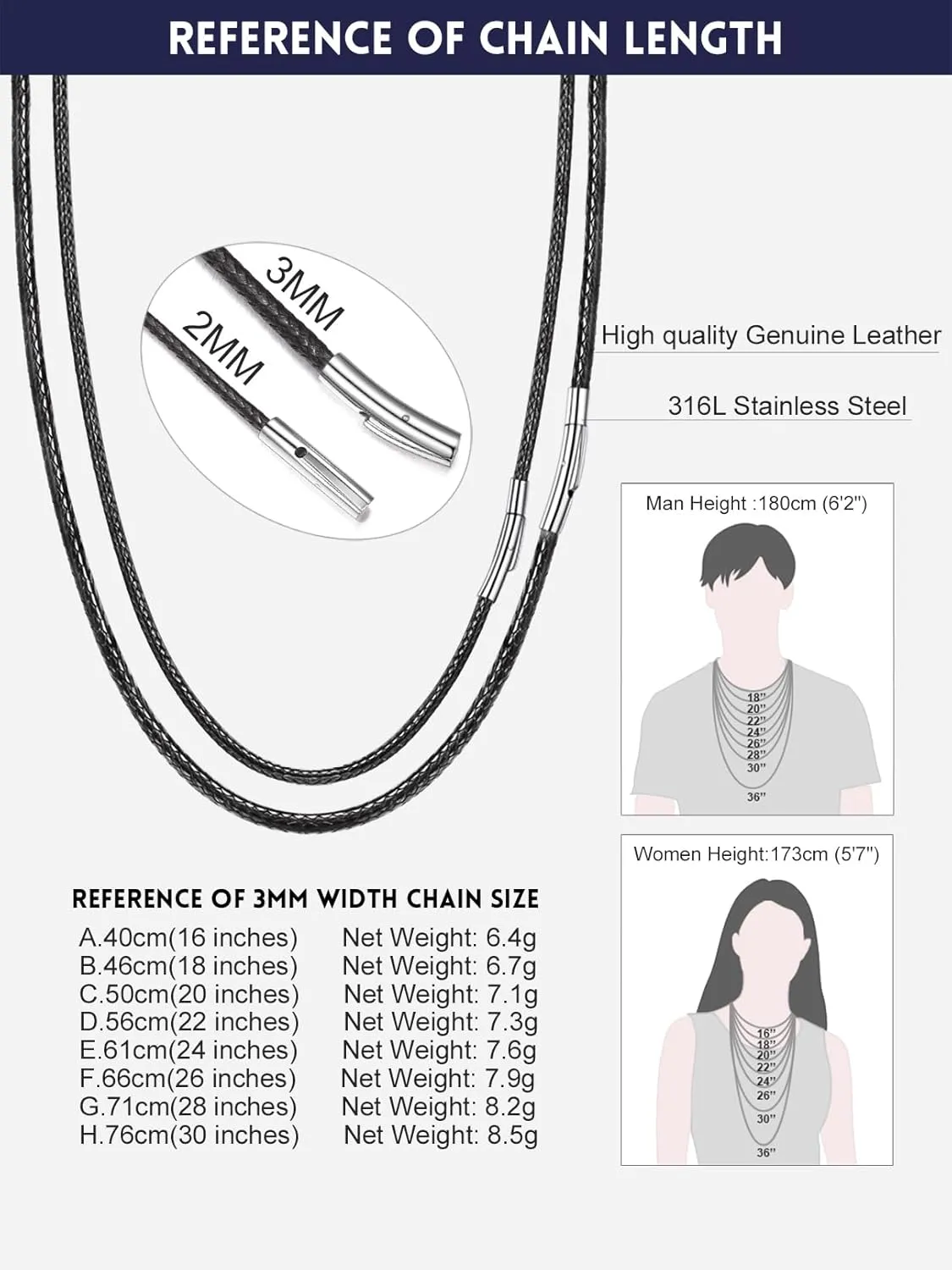 Bandmax 2MM/3MM Wax Rope Chain Necklace for Men Women Durable Waterproof Black/Brown Leather Cord Chains for Pendant, Customizable Clasp, Length 16"-30"