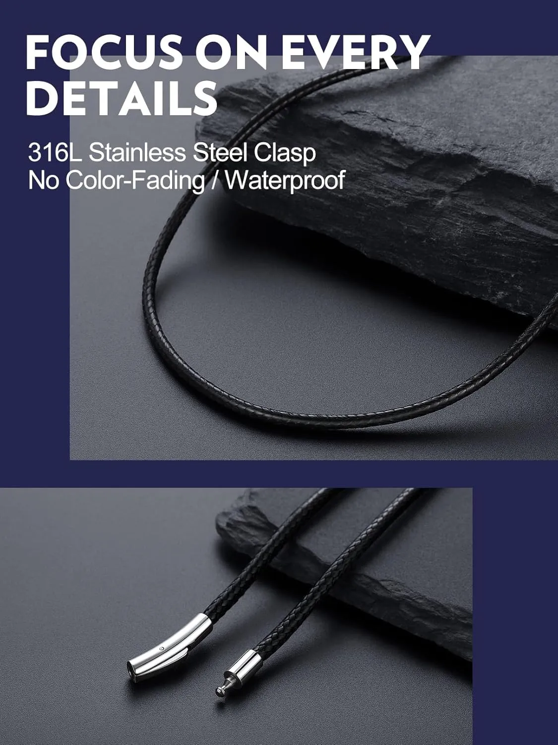 Bandmax 2MM/3MM Wax Rope Chain Necklace for Men Women Durable Waterproof Black/Brown Leather Cord Chains for Pendant, Customizable Clasp, Length 16"-30"