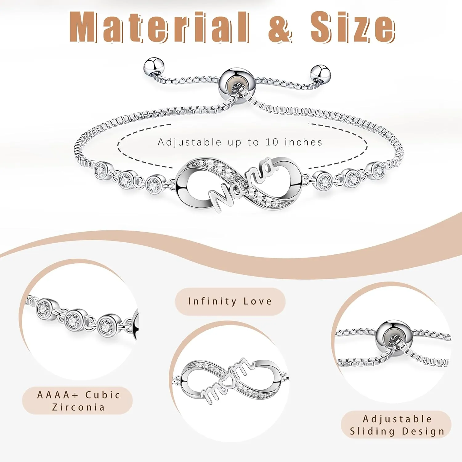 BAYLAY Mothers Gifts for Mom Grandma Wife Daughter Sister, Infinity Bracelets for Women 18K Plated Silver Infinity Bracelet Jewelry Gifts for Granddaughter Gigi Nana Mimi Bestie