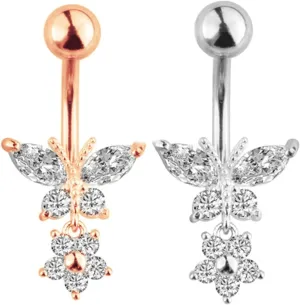 Belly Rings Stainless, 2Pcs Navel Rings Dangle Silver Rose Gold Cubic Zirconia Studs 14G Dangle Belly Button Rings for Women Butterfly