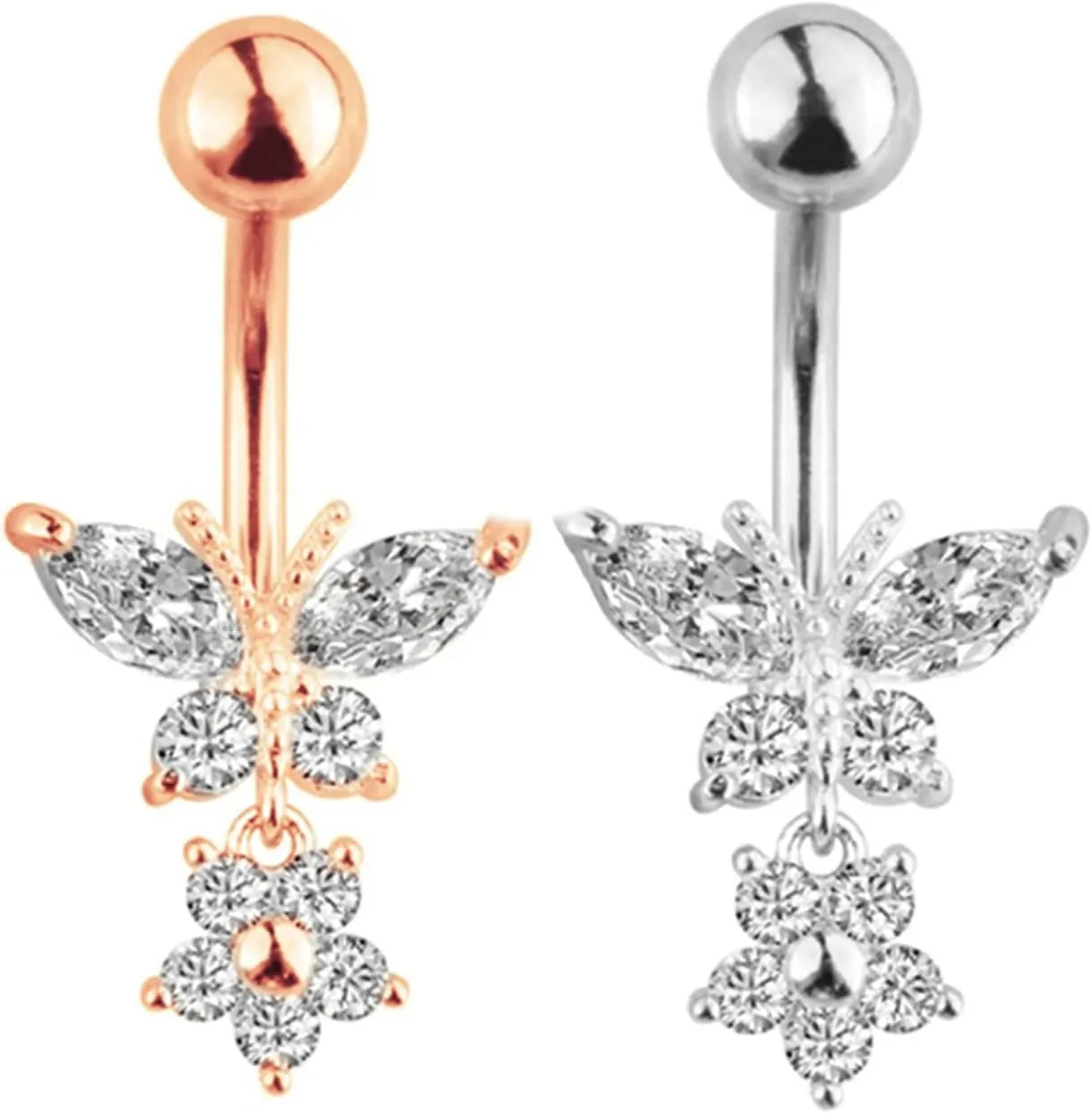 Belly Rings Stainless, 2Pcs Navel Rings Dangle Silver Rose Gold Cubic Zirconia Studs 14G Dangle Belly Button Rings for Women Butterfly