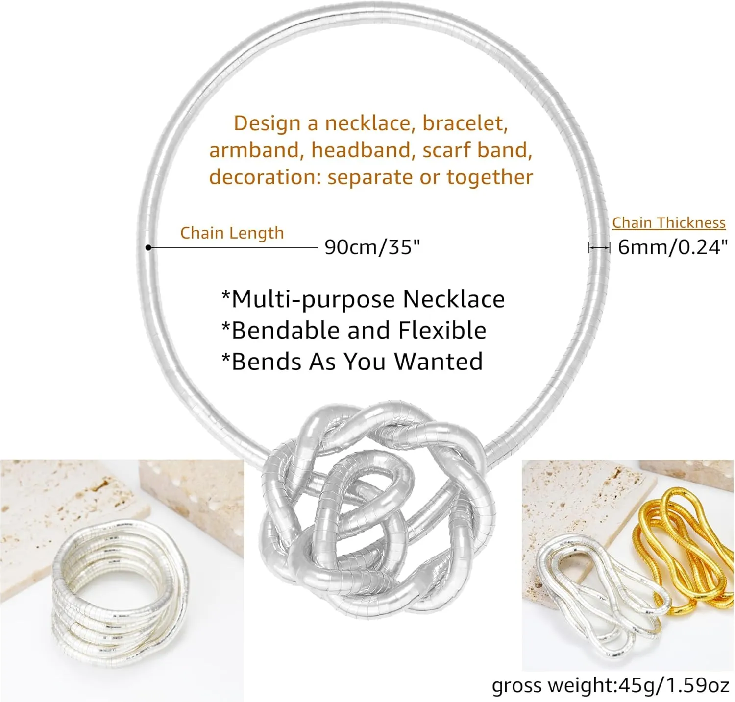 Bendable Snake Chain Necklace for Women Gold, Flexible Twisty Multi-purpose Necklace Bracelet, Punk Choker Necklaces Bracelets DIY Trendy Jewelry Gift