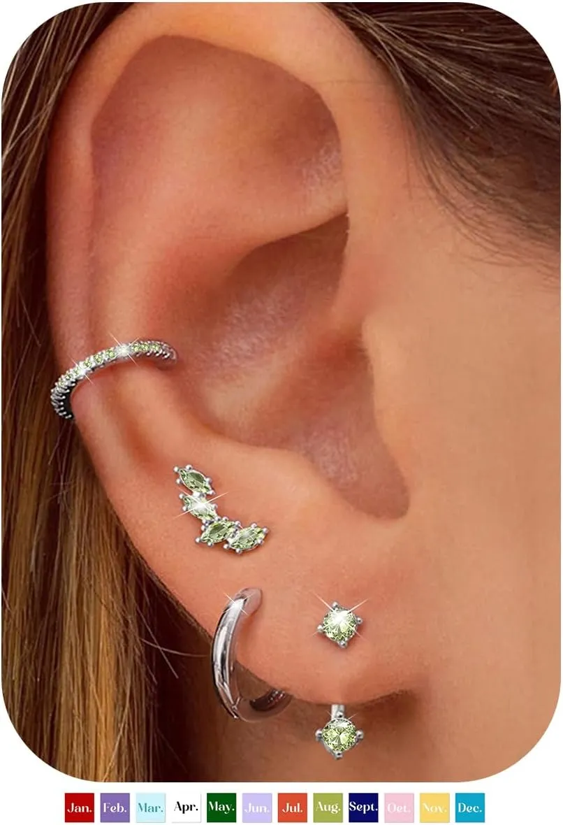 BESTEEL 925 Sterling Silver Birthstone Earrings Set for Women Small Hoop Earring Sets for Multiple Piercing Hypoallergenic Dainty Huggie Earrings Hoop Stud Earring Stacks for Birthday Jewelry