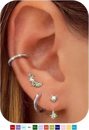 BESTEEL 925 Sterling Silver Birthstone Earrings Set for Women Small Hoop Earring Sets for Multiple Piercing Hypoallergenic Dainty Huggie Earrings Hoop Stud Earring Stacks for Birthday Jewelry