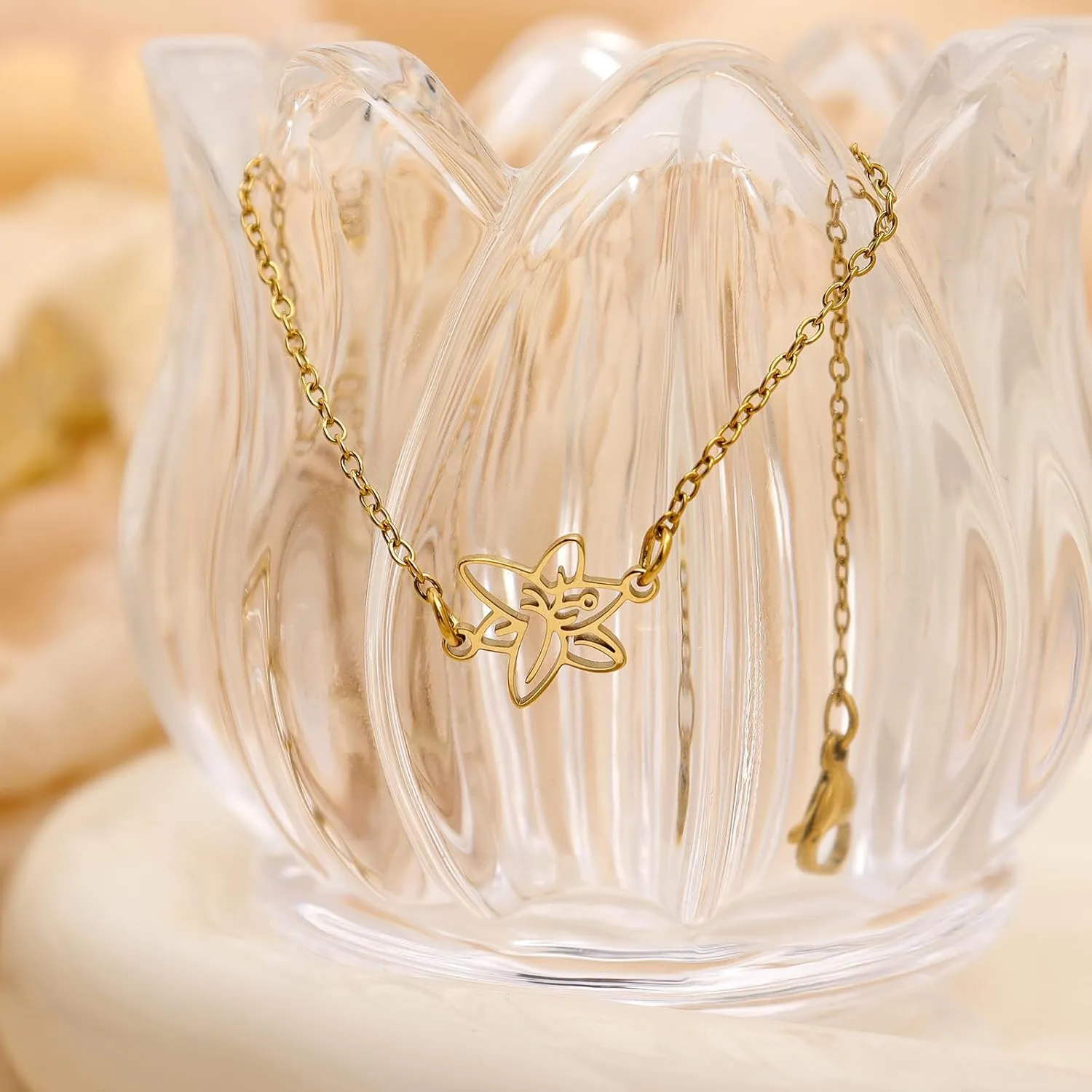 Birth Flower Gold Bracelets for Women, Statement Adjustable Stackable Birthday Chain Bracelet Outfit Accessories Jewelry Gift.