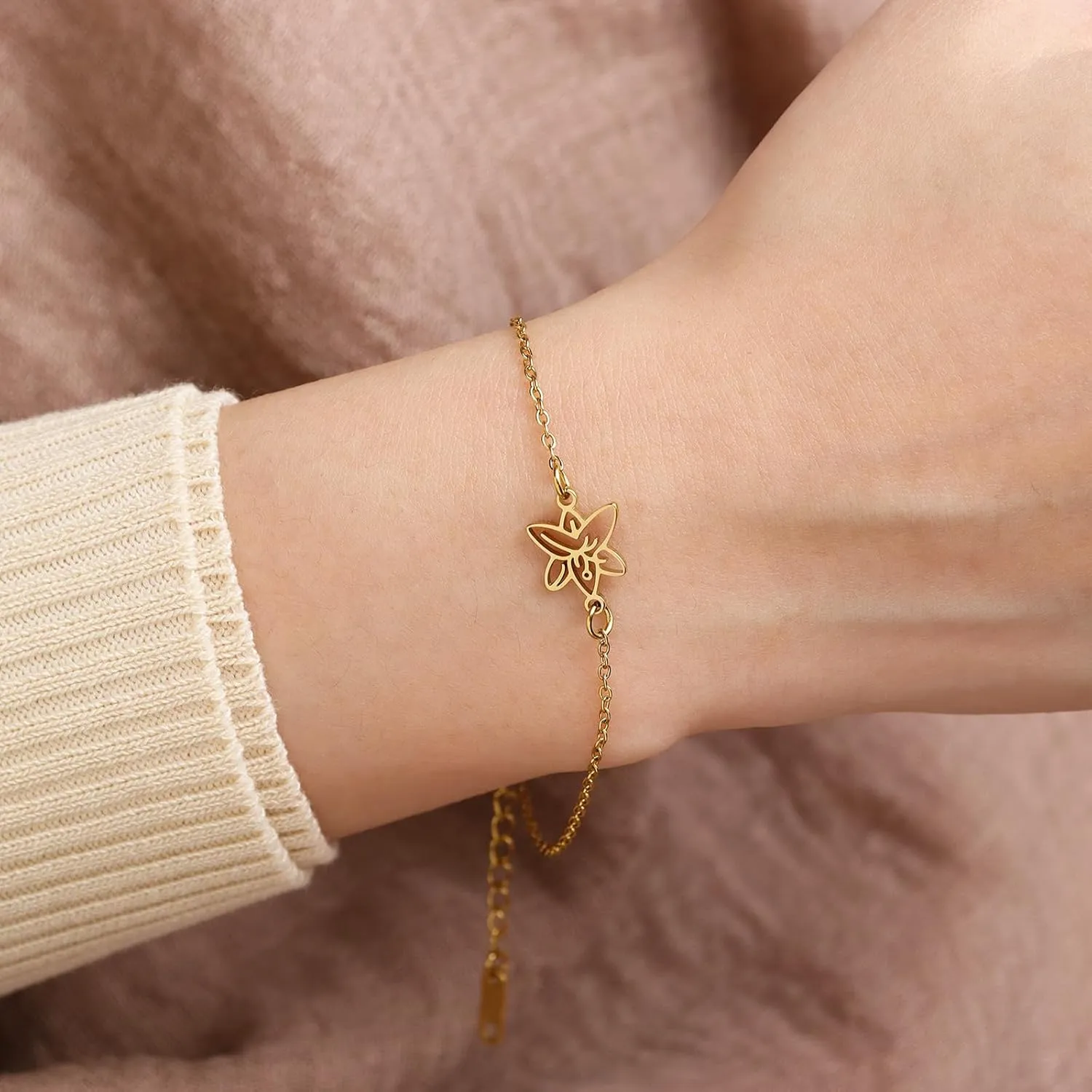 Birth Flower Gold Bracelets for Women, Statement Adjustable Stackable Birthday Chain Bracelet Outfit Accessories Jewelry Gift.