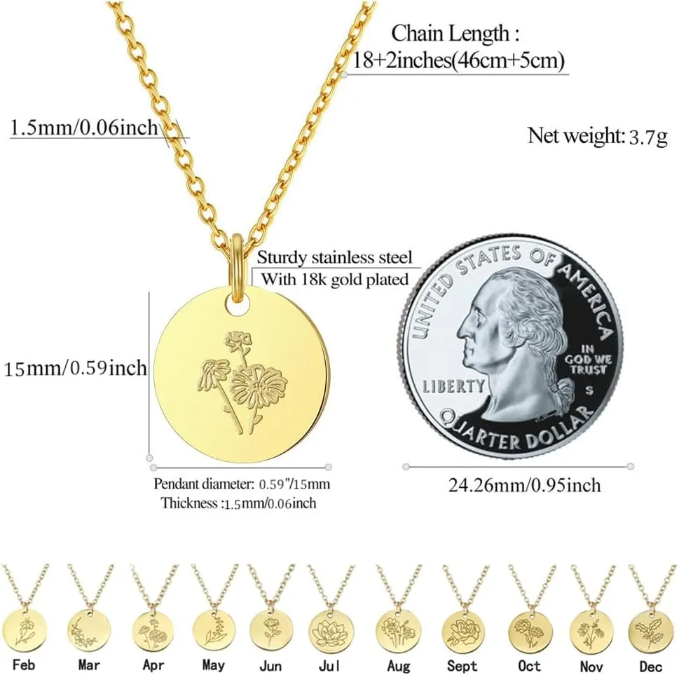 Birth Flower Necklace 18k Gold Plated Custom Floral Pendant Necklaces To My Boyfriend Mom Birth Month Flower Disc Hand Stamped Jewelry Birthday Gift