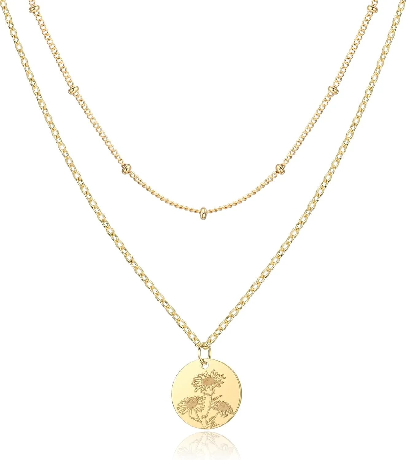 Birth Flower Necklace, Gold Layered Necklaces for Women, Birth Month Flower Coin Pendant Necklace Set, Satellite Chain, Birthday Gifts