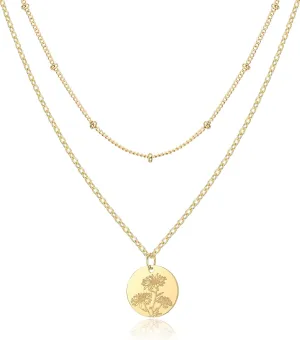 Birth Flower Necklace, Gold Layered Necklaces for Women, Birth Month Flower Coin Pendant Necklace Set, Satellite Chain, Birthday Gifts