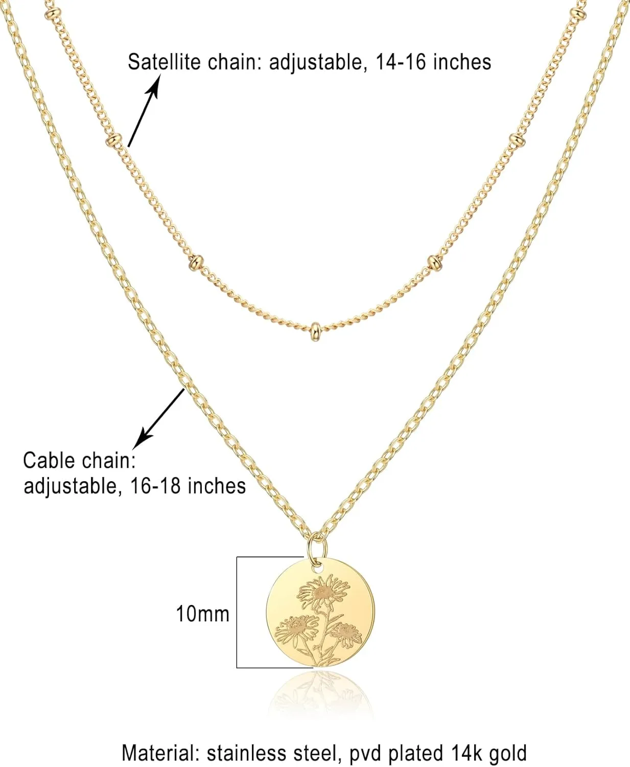 Birth Flower Necklace, Gold Layered Necklaces for Women, Birth Month Flower Coin Pendant Necklace Set, Satellite Chain, Birthday Gifts