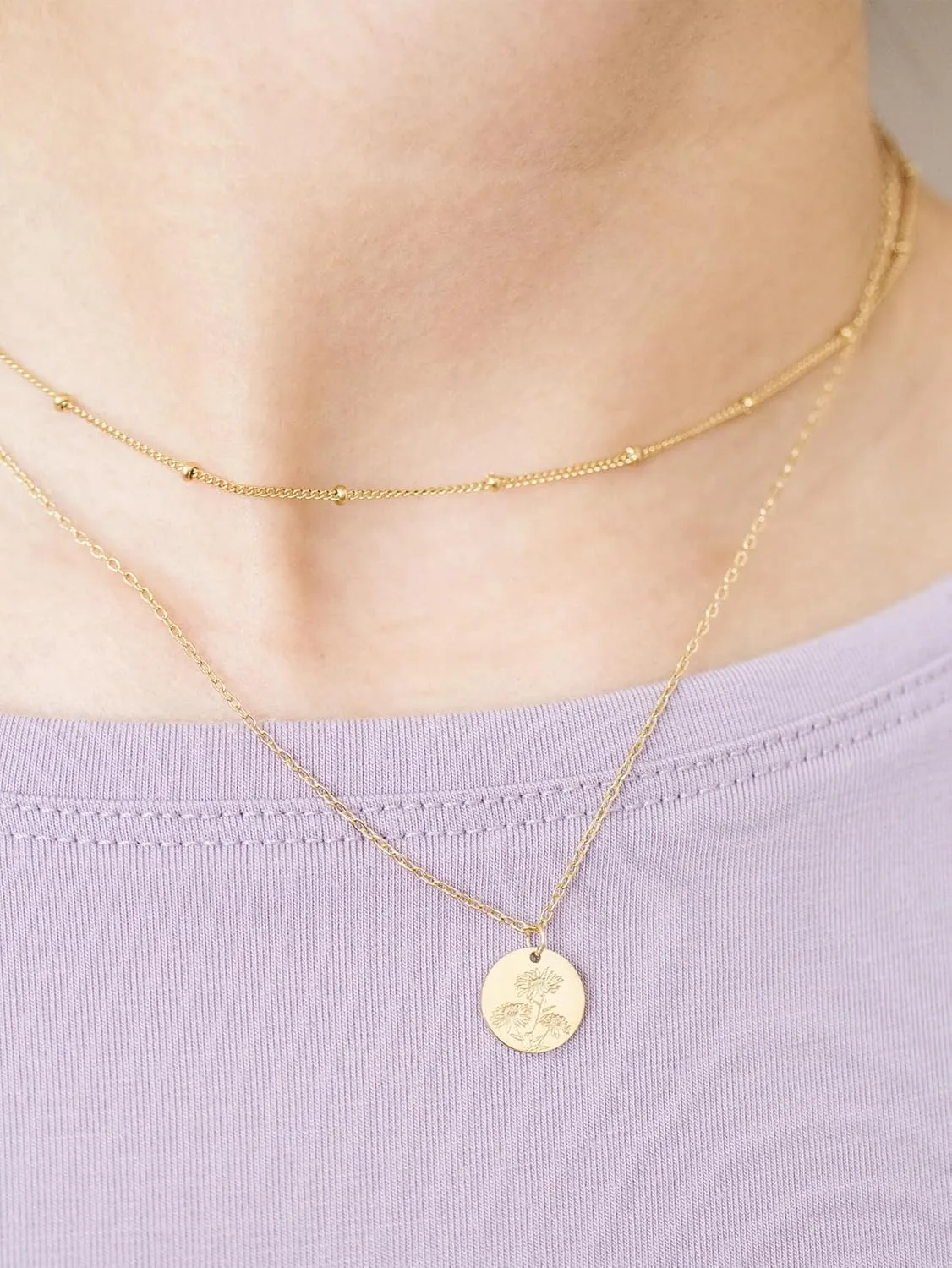 Birth Flower Necklace, Gold Layered Necklaces for Women, Birth Month Flower Coin Pendant Necklace Set, Satellite Chain, Birthday Gifts