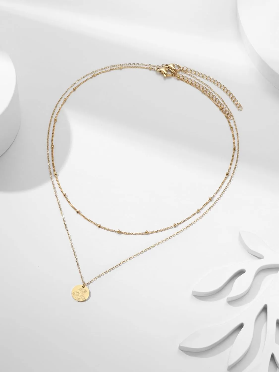 Birth Flower Necklace, Gold Layered Necklaces for Women, Birth Month Flower Coin Pendant Necklace Set, Satellite Chain, Birthday Gifts