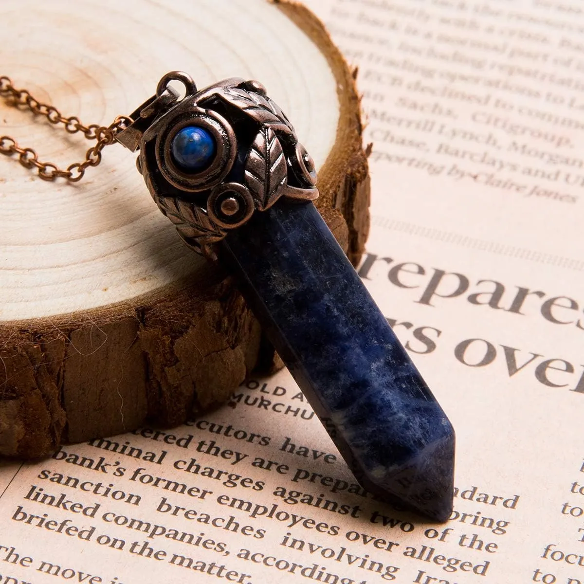 Bivei Retro Antique Brass Chakra Necklace Hexagonal Prism Gemstone Quartz Crystal Stone Pendant