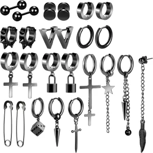Black Cross Dangle Earrings for Men, 25 Pieces Stainless Steel Long Chain Piercing Hoop Earrings Set for Unisex
