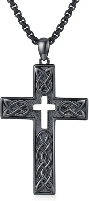 Black Cross Necklace S925 Sterling Silver Celtic Cross Necklace Black Cool Celtic Cross Pendant Necklaces Celtic Valentines Day Gifts for Men Teen Boys