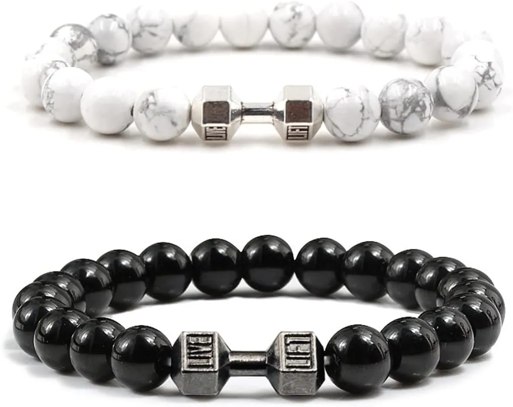 Black Dumbbell Bracelet for Men Gym Bros Bracelet Volcanic Lava Stone Adjustable Natural Stone Beads Bracelet Fitness Barbell Jewelry for Men