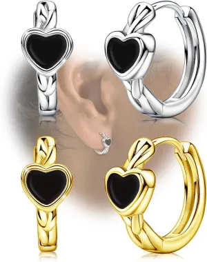 Black Heart Hoop Earrings Set - Cubic Zirconia Hypoallergenic Sterling Silver Black Heart Hoop Small Earrings Minimalist Hoop Small Earring for Sensitive Ears for Women