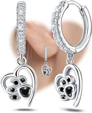 Black Heart Print Earrings for Women Sterling Silver Cute Pet Puppy Cat Dog Paw Print Hoop Earrings Hypoallergenic White Cubic Zirconia Loop Earrings Dainty Heart-Shaped Earring for Christmas Birthday