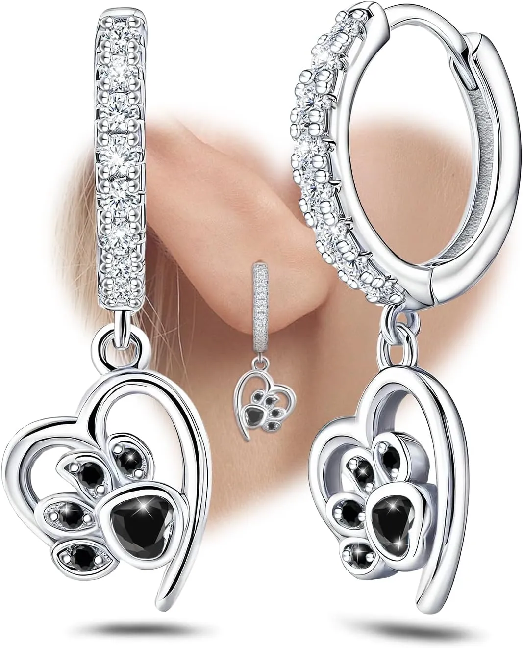 Black Heart Print Earrings for Women Sterling Silver Cute Pet Puppy Cat Dog Paw Print Hoop Earrings Hypoallergenic White Cubic Zirconia Loop Earrings Dainty Heart-Shaped Earring for Christmas Birthday