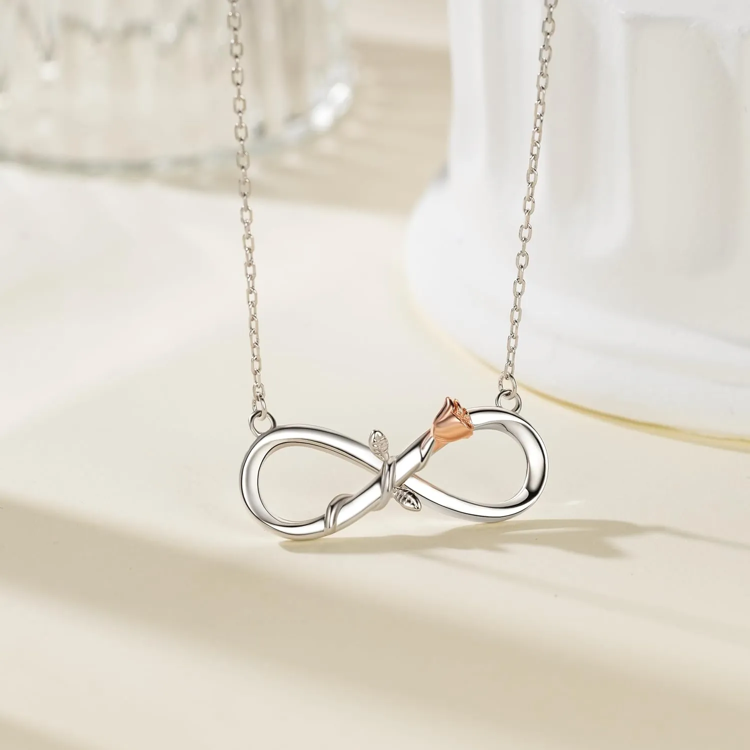 BlingGem Necklaces for Women 925 Sterling Silver Dainty Infinity Womens Necklace Rose Gold Plated Flower Pendant Lover Birthday Gifts for Women