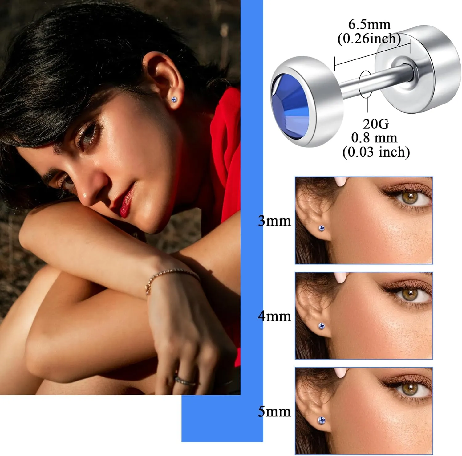 BLISI G23 Solid Titanium Studs Earrings Flat Back Light Siam Earrings, Dainty Screw Back Silver Stud Earrings Hypoallergenic 3mm/4mm/5mm Cartilage Rhinestones Earring Helix Tragus Conch Piercing