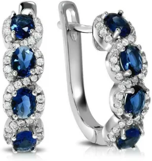 Blue & White Sapphire Halo Huggie Earrings in 18K White Gold Plated