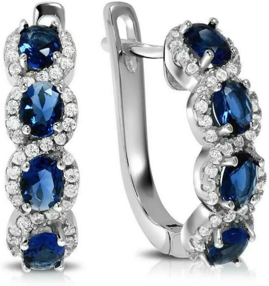 Blue & White Sapphire Halo Huggie Earrings in 18K White Gold Plated