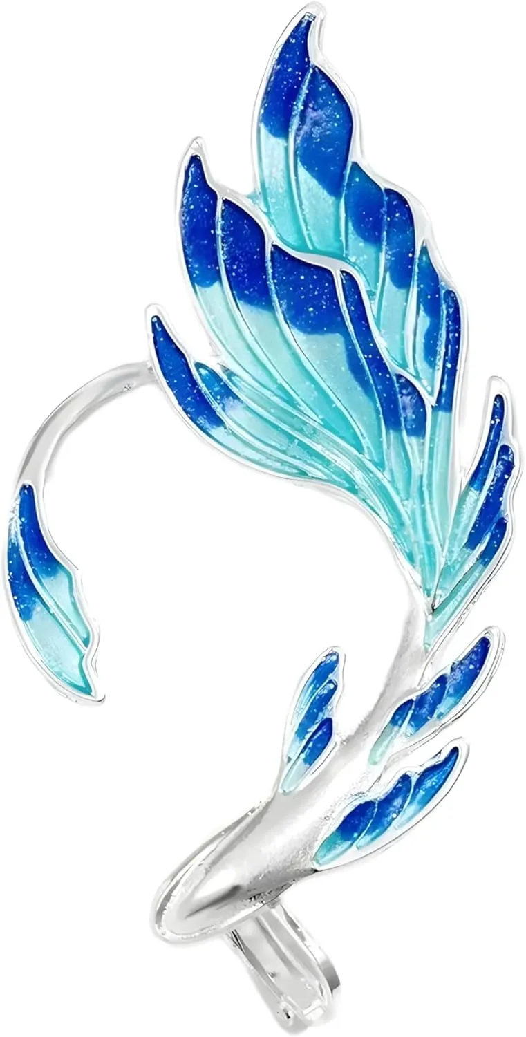 Blue Painted Elf Ear Cuffs for Women Animal Clip on Earrings Fairy Wings Without Piercing Earrings Wedding Jewelry-A23
