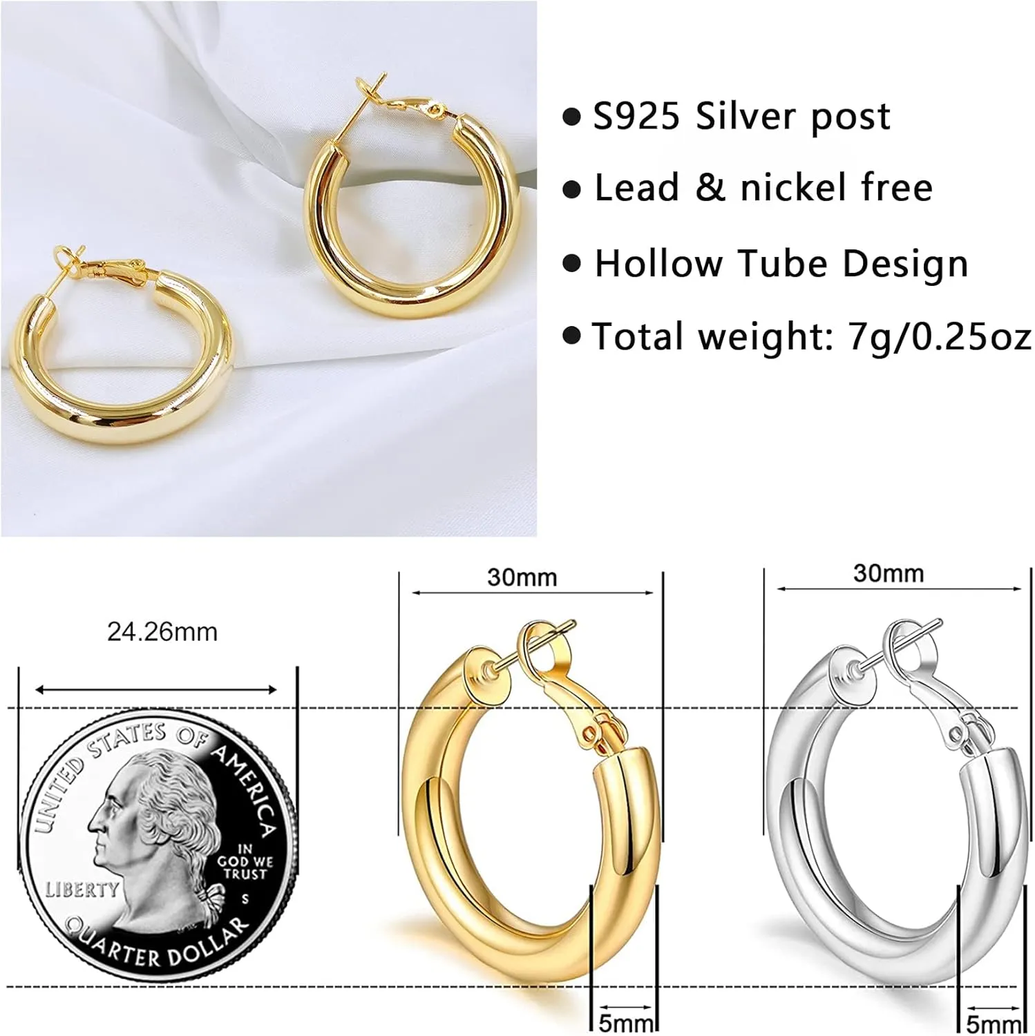 BMMYE 925 Sterling Silver Post Chunky Gold Hoop Earrings, 14K Gold Plated Earrings for Women Lightweight Hollow Tube 25mm-70mm