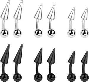 BodyAce 12PCS Spike Rook Earrings Eyebrow Rings, 316L Surgical Steel 16G Curved Barbell Cartilage Helix Earring, Lip Rings Tragus Daith Piercing Jewelry