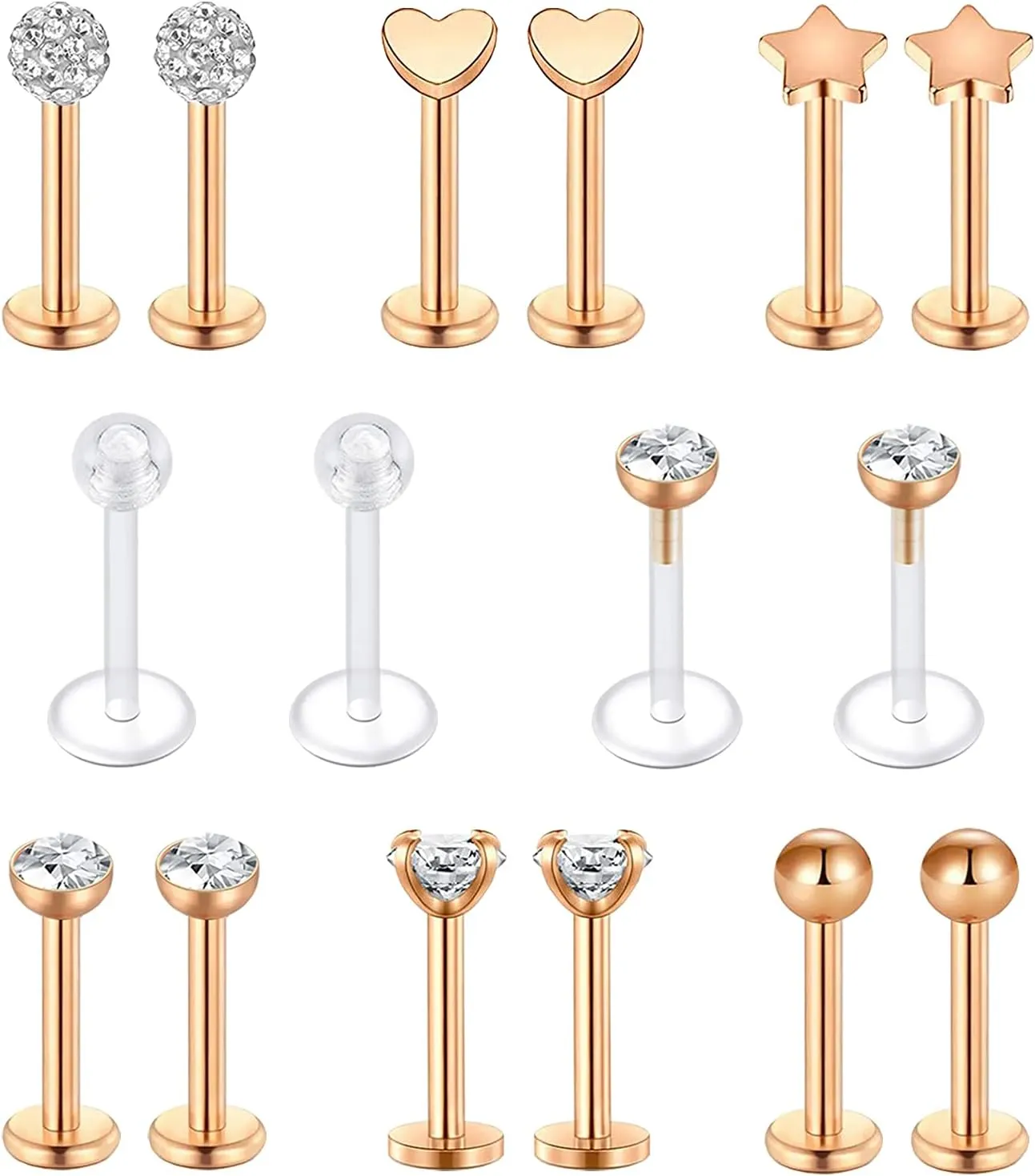 BodyAce 16G Lip Rings Labret Studs, Surgical Steel Cartilage Flat Back Earrings, CZ Vertical labret Lip Stud Piercing Jewelry for Medusa/Monroe/Tragus/Helix
