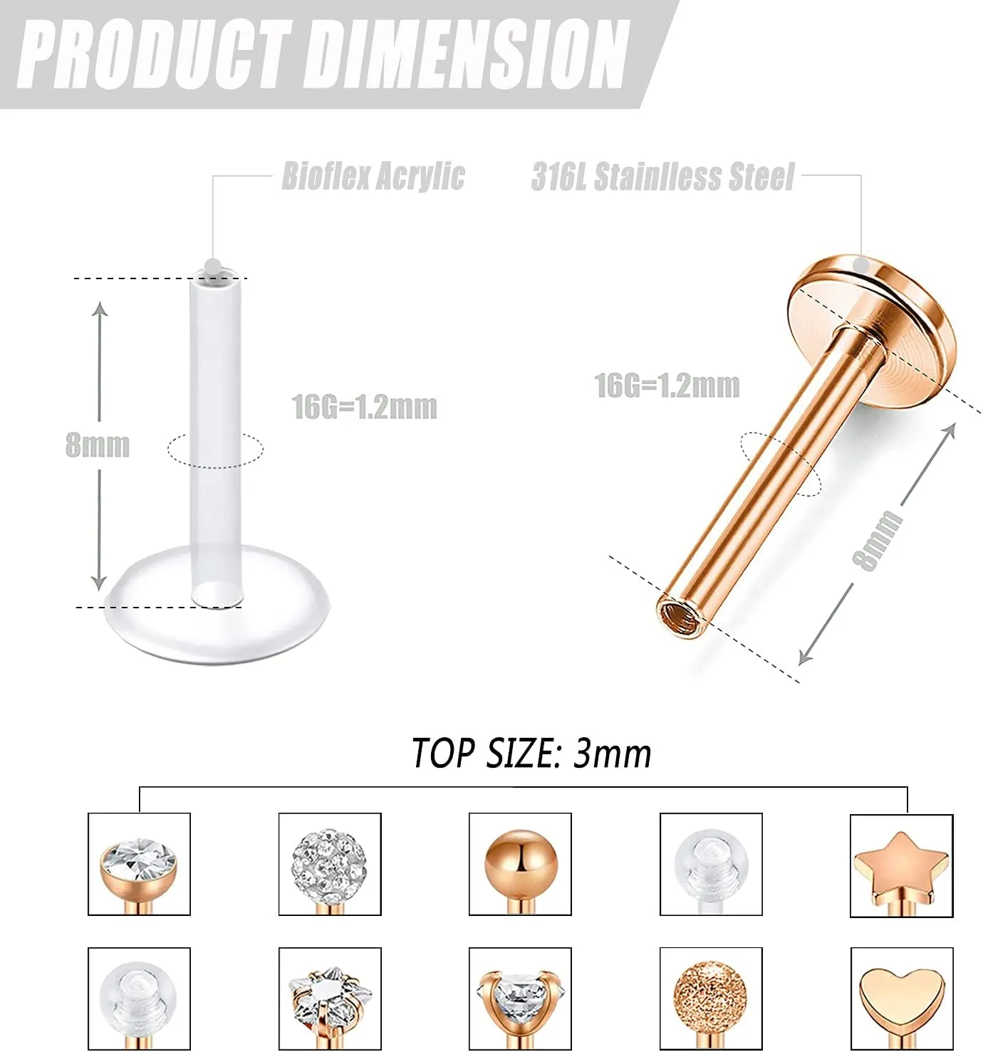 BodyAce 16G Lip Rings Labret Studs, Surgical Steel Cartilage Flat Back Earrings, CZ Vertical labret Lip Stud Piercing Jewelry for Medusa/Monroe/Tragus/Helix