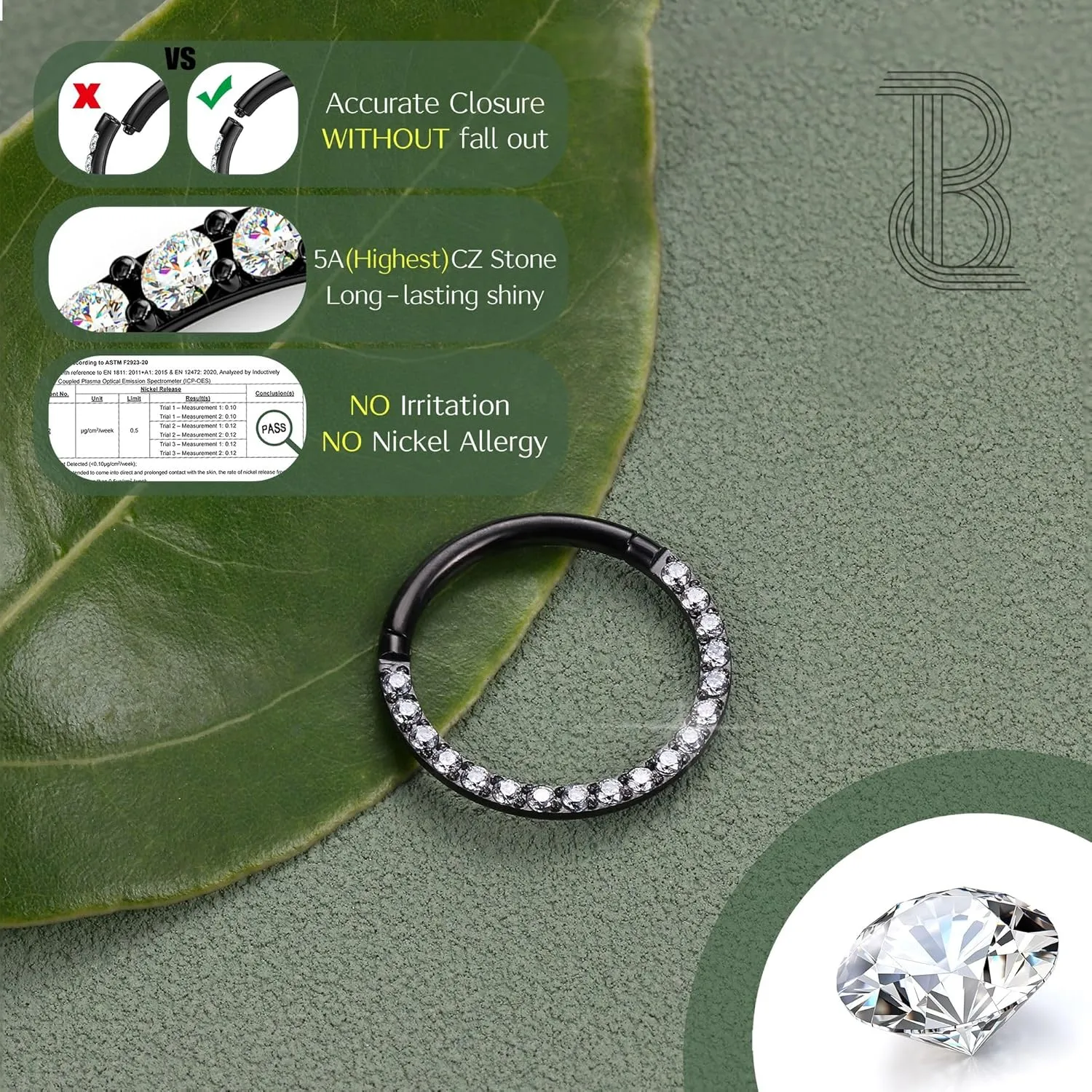 BodyBonita Hinged CZ Septum Rings - 316L Surgical Steel Nose Rings Hoops for Women 20G/18G/16G Cartilage Earrings Conch Piercing Jewelry Helix Rook Tragus Lobe Daith Snug Belly Button Ring 6mm-10mm
