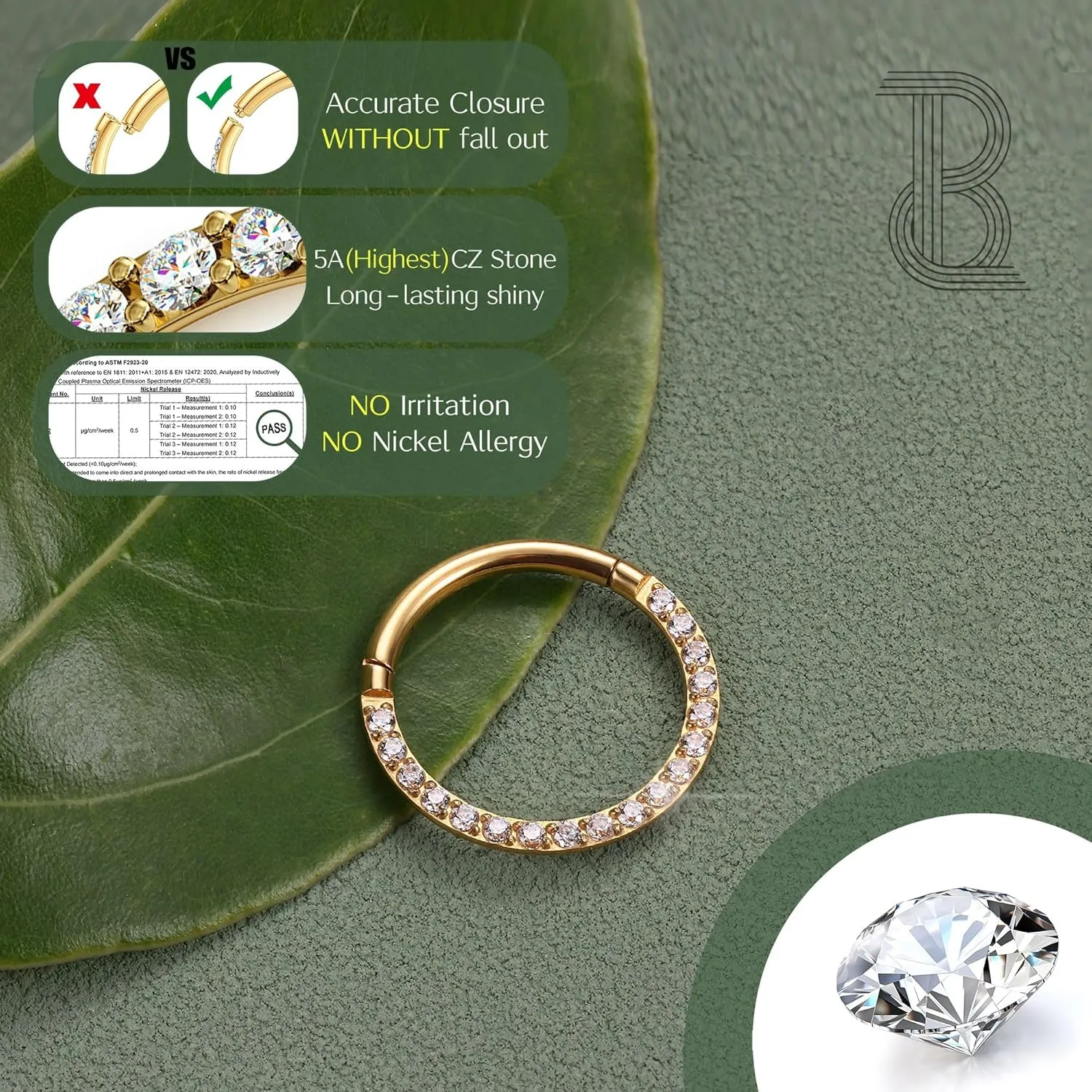 BodyBonita Hinged CZ Septum Rings - 316L Surgical Steel Nose Rings Hoops for Women 20G/18G/16G Cartilage Earrings Conch Piercing Jewelry Helix Rook Tragus Lobe Daith Snug Belly Button Ring 6mm-10mm