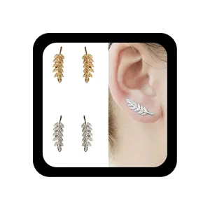 Bohemia Leaf Ear Climber Earrings Silver Crawler Earrings Leaf Stud Wrap Pins Earrings Minimalist Everyday Earrings Jewelry