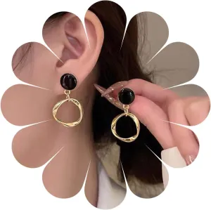 Bohemian Enamel Onyx Stud Earrings Gold Hollow Circle Hoop Dangle Earrings Black Enamel Circle Earrings Minimalist Circle Drop Earrings Jewelry for Women Gifts