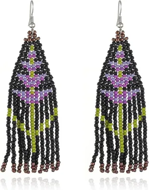 Boho Native Long Plant Lavender Tassel Beaded Earrings for Women Girls Tribal Ethnic Native Seed Beads Fringe Drop Dangle Earrings,Large Colorful Chandelier Earrings Statement Handmade Jewelry Gifts (Lavender)