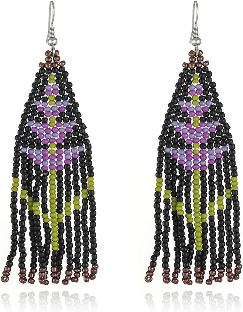 Boho Native Long Plant Lavender Tassel Beaded Earrings for Women Girls Tribal Ethnic Native Seed Beads Fringe Drop Dangle Earrings,Large Colorful Chandelier Earrings Statement Handmade Jewelry Gifts (Lavender)
