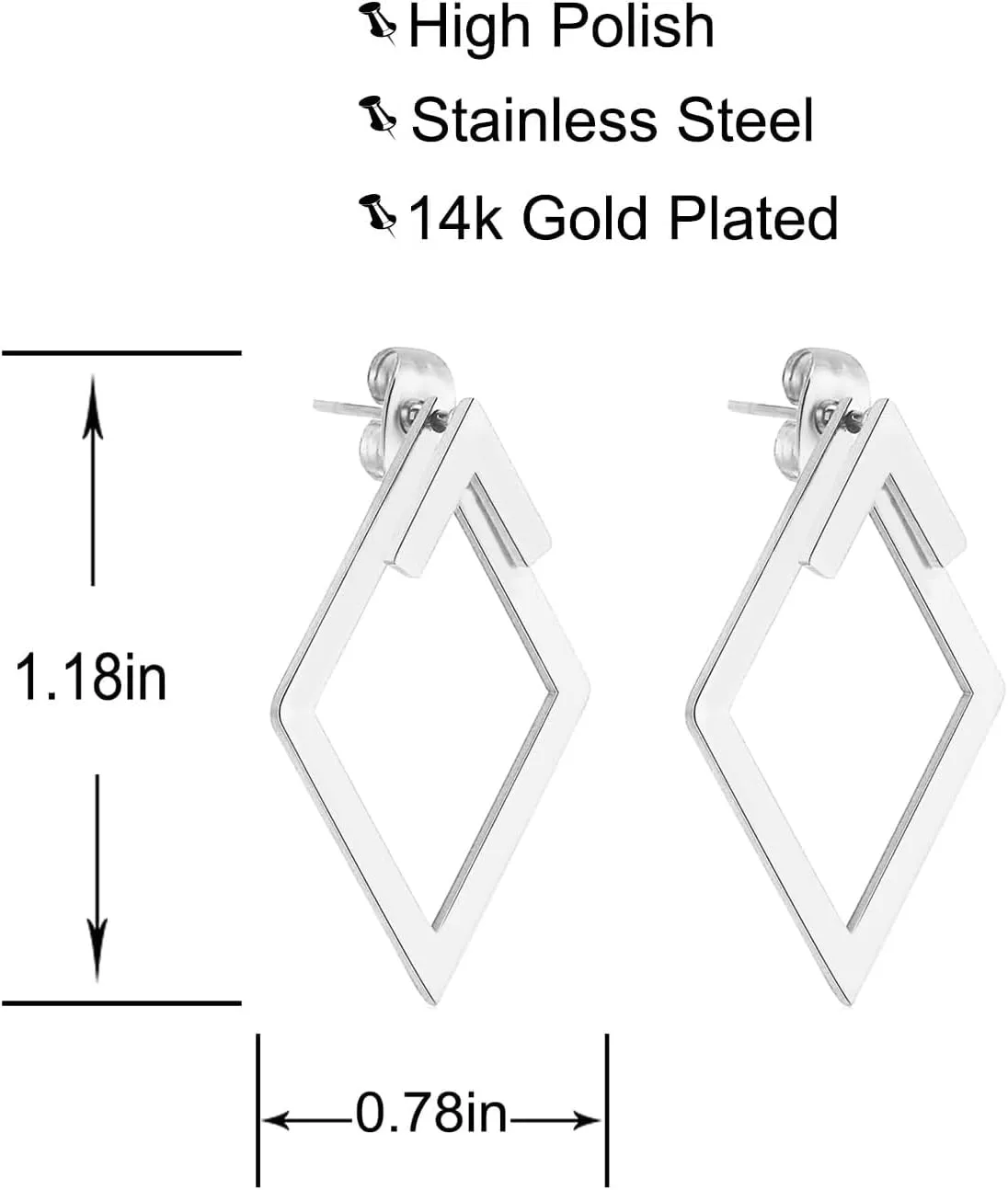 Boho Square Stud Earrings Jackets, Minimalist Geometric Stainless Steel Gold Ear Stud Earrings Front Back Earrings for Women