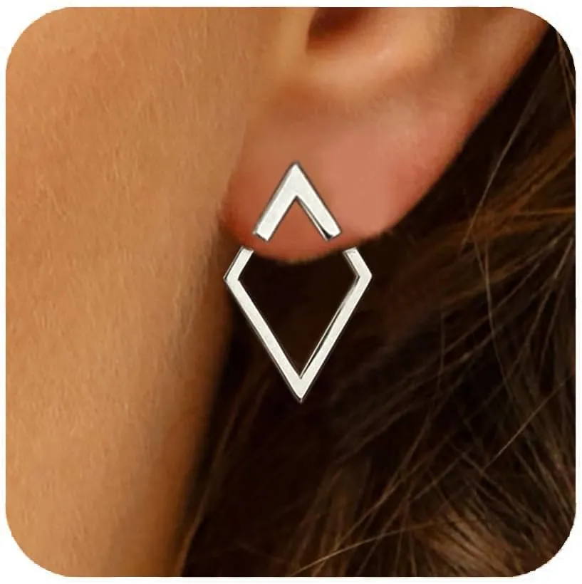 Boho Square Stud Earrings Jackets, Minimalist Geometric Stainless Steel Gold Ear Stud Earrings Front Back Earrings for Women
