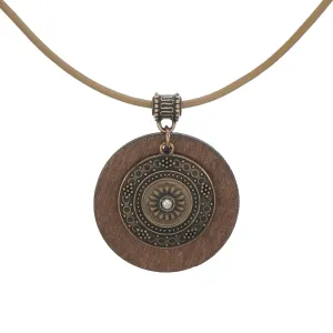 Boho Vintage Style Copper Patina Medallion and Wood and Tan Leather Cord Necklace - Length Choices (18, brown, tan)