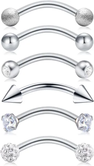 Briana Williams 6pcs Stainless Steel Rook Daith Earrings Belly Lip Ring Eyebrow Studs Cartilage Tragus Cubic Zirconia Barbell Body Piercing 8mm (5/16")