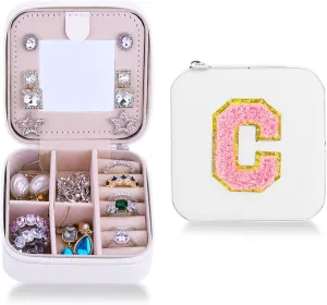 C Initial Jewelry Box with Mirror, Portable Jewelry Case, Small Travel Jewelry Boxes, Bridesmaid Gifts and Travel Essentials to Store Rings, Necklaces, Earrings
