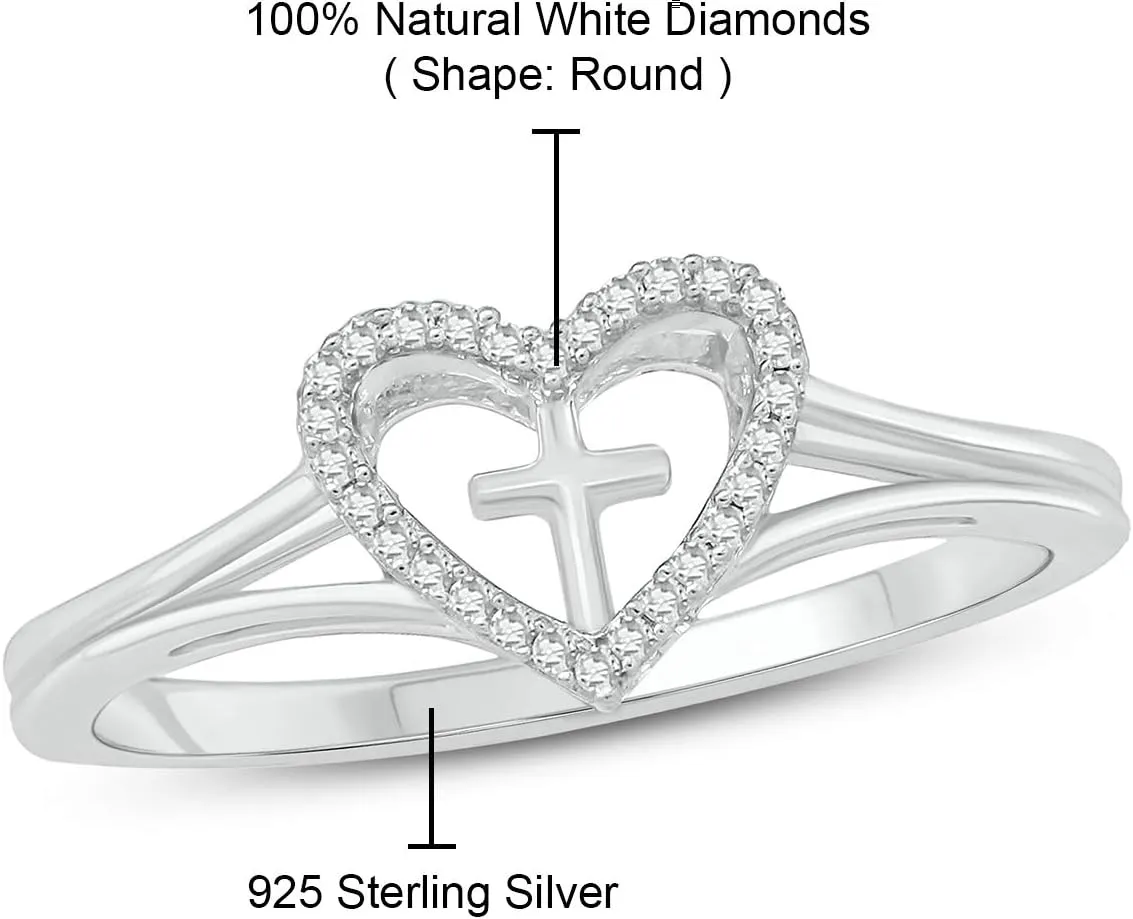 Cali Trove 1/20 CT Natural Diamond Heart Cross Rings for Women | Diamond Fashion Rings | Religious Heart Cross Rings | Gifts for Her | Promise Rings Jewelry Gifts for Women