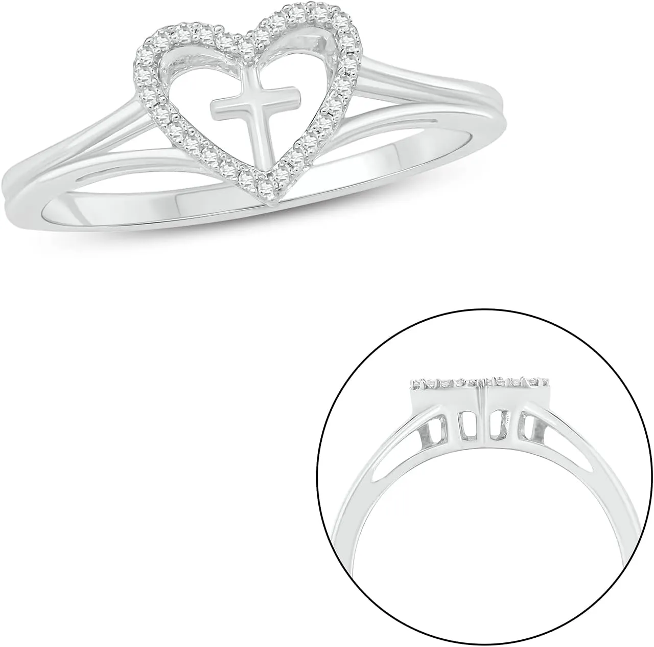 Cali Trove 1/20 CT Natural Diamond Heart Cross Rings for Women | Diamond Fashion Rings | Religious Heart Cross Rings | Gifts for Her | Promise Rings Jewelry Gifts for Women