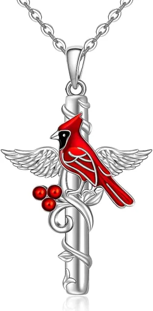 Cardinal Necklace Cross Red Cardinal Necklaces for Women Sterling Silver Appear When Angels Are Near Memorial Pendant Angel Wing Jewelry