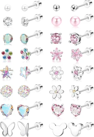 CASSIECA 16 Pairs Hypoallergenic Screw Back Earrings for Women Girls 316L Stainless Steel CZ Pearl Ball Heart Flower Screwback Flat Back Stud Earrings Jewelry Gift Women Multicolored Pink