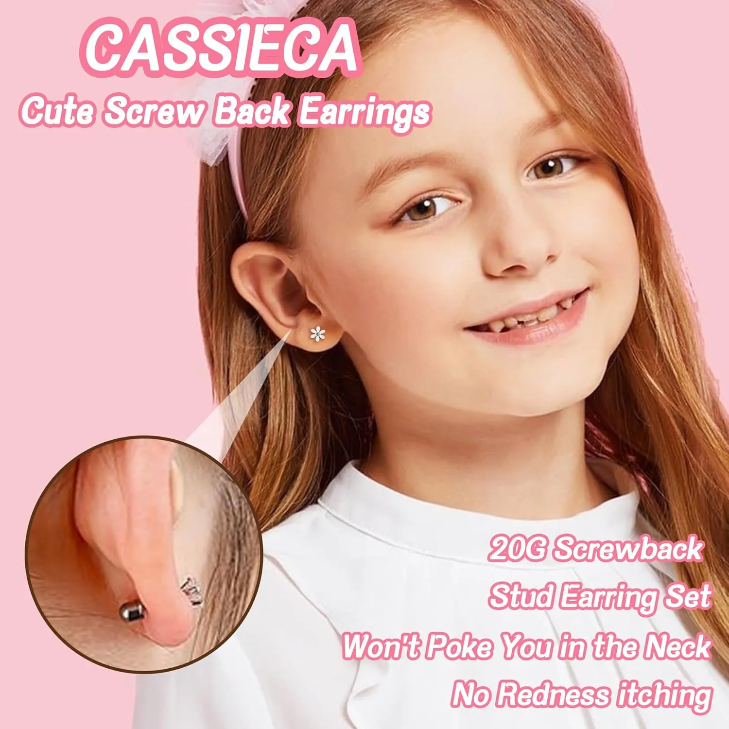 CASSIECA 16 Pairs Hypoallergenic Screw Back Earrings for Women Girls 316L Stainless Steel CZ Pearl Ball Heart Flower Screwback Flat Back Stud Earrings Jewelry Gift Women Multicolored Pink