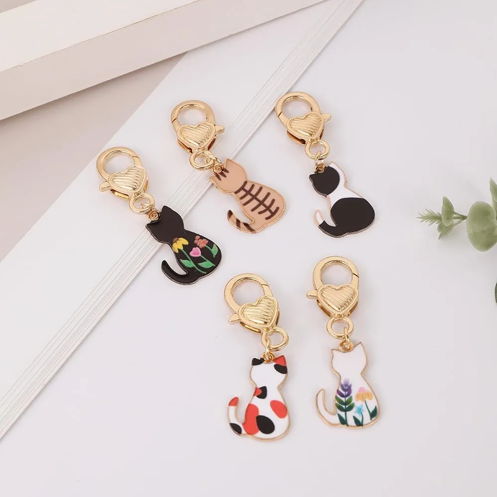 Cat Lover Gifts Funny Kawaii Black White Cat keychain Cute Enamel Flower Bag Charms for Backpack Aesthetic Decor